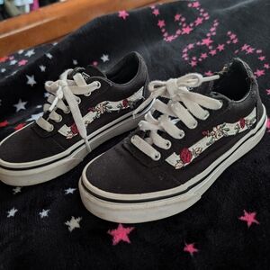 Vans Black and White Kids Sneakers with Floral Design